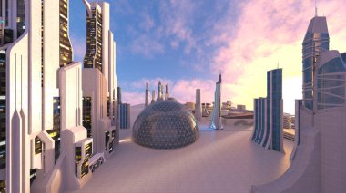 Gelecekteki şehir manzarasının 3B canlandırması