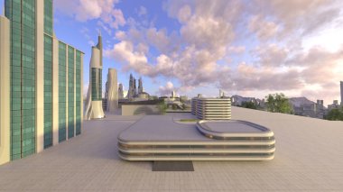 Gelecekteki şehir manzarasının 3B canlandırması