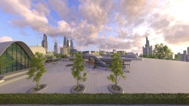 Gelecekteki şehir manzarasının 3B canlandırması