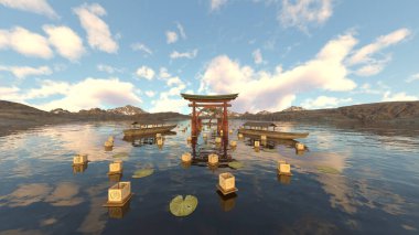 Torii kapısının denizde yüzen 3D yansıması