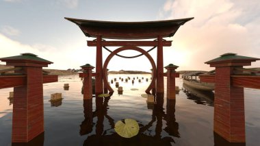 Torii kapısının denizde yüzen 3D yansıması
