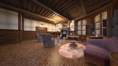 Oturma odasının şömineli 3D görüntüsü.