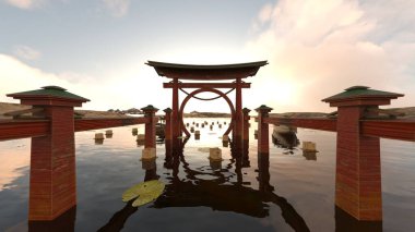 Torii kapısının denizde yüzen 3D yansıması