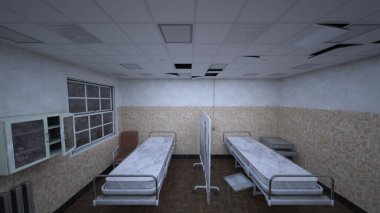 Terk edilmiş hastane odasının 3 boyutlu görüntüsü