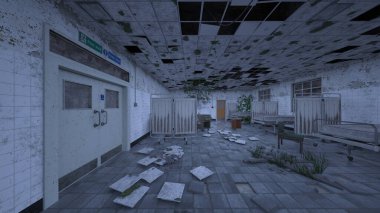 Terk edilmiş hastane odasının 3 boyutlu görüntüsü