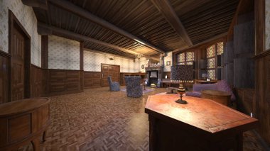 Oturma odasının şömineli 3D görüntüsü.