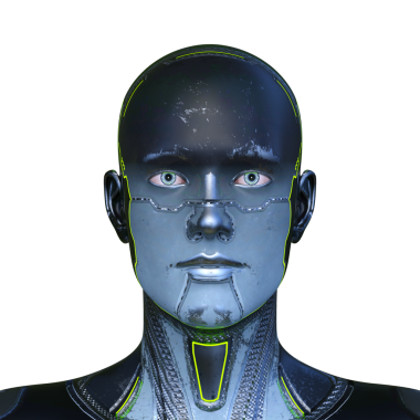Bir erkek sayborgun yüzünün 3 boyutlu görüntüsü.