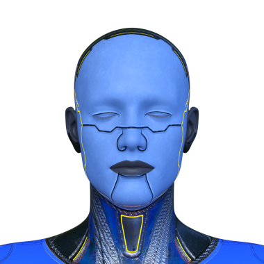 Bir erkek sayborgun yüzünün 3 boyutlu görüntüsü.