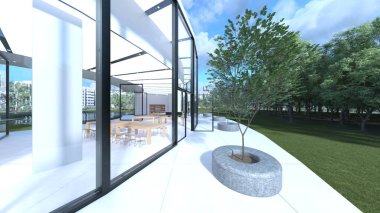 Camla çevrili toplantı odalarının 3 boyutlu canlandırması