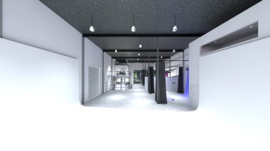 Oturma odasının ve büyük pencereli yemek mutfağının 3 boyutlu görüntüsü.