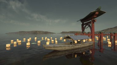 Torii kapısının denizde yüzen 3D yansıması