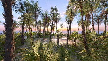 Plajın palmiye ağaçlarıyla 3 boyutlu görüntüsü