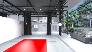 Oturma odasının ve büyük pencereli yemek mutfağının 3 boyutlu görüntüsü.