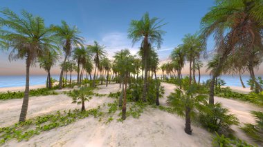 Plajın palmiye ağaçlarıyla 3 boyutlu görüntüsü