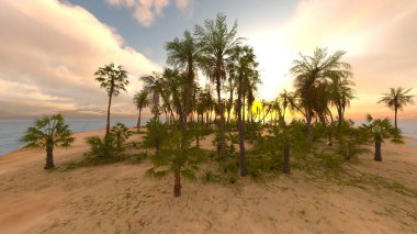 Plajın palmiye ağaçlarıyla 3 boyutlu görüntüsü