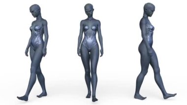3D rendering of a female alien walking face down