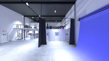 Oturma odasının ve büyük pencereli yemek mutfağının 3 boyutlu görüntüsü.