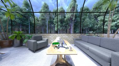 Oturma odasının ve büyük pencereli yemek mutfağının 3 boyutlu görüntüsü.