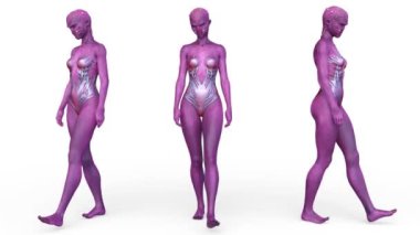 3D rendering of a female alien walking face down