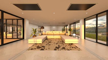 Oturma odasının ve büyük pencereli yemek mutfağının 3 boyutlu görüntüsü.