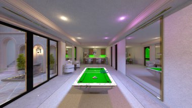 Oturma odası ve yemek mutfağının 3 boyutlu canlandırması