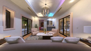 Oturma odası ve yemek mutfağının 3 boyutlu canlandırması