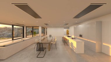 Oturma odasının ve büyük pencereli yemek mutfağının 3 boyutlu görüntüsü.