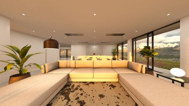 Oturma odasının ve büyük pencereli yemek mutfağının 3 boyutlu görüntüsü.