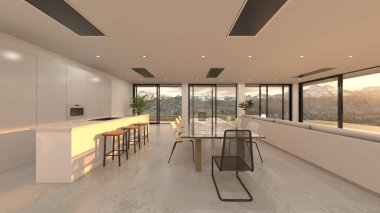 Oturma odasının ve büyük pencereli yemek mutfağının 3 boyutlu görüntüsü.