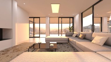 Oturma odasının ve büyük pencereli yemek mutfağının 3 boyutlu görüntüsü.