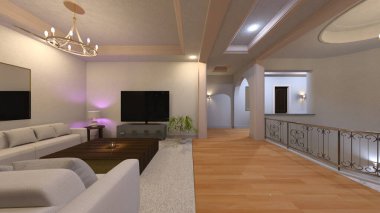 Oturma odası ve yemek mutfağının 3 boyutlu canlandırması