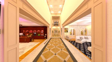 Oturma odasının şömineli 3D görüntüsü.