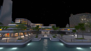 Gelecekteki şehir manzarasının 3B canlandırması