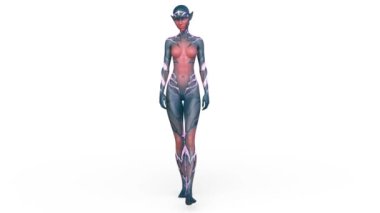 3D rendering of a female alien walking face down
