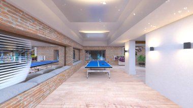 Oturma odasının gece görüşlü 3D görüntüsü