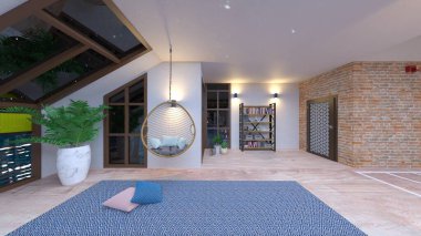 Oturma odasının gece görüşlü 3D görüntüsü