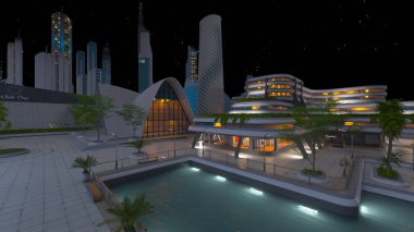 Gelecekteki şehir manzarasının 3B canlandırması