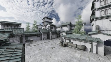 Çin tarzı binaların 3D görüntüsü