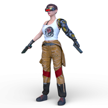 Sol elinde robot kolu olan bir siber kadının 3 boyutlu görüntüsü.