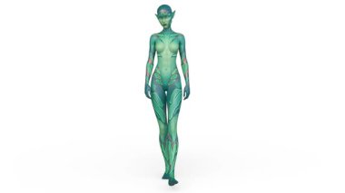 3D rendering of a female alien walking face down