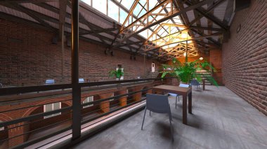Tuğla duvarlı toplantı odasının 3 boyutlu görüntüsü