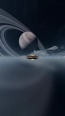 Gezegenin ve UFO 'nun 3D görüntülemesi.