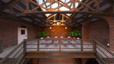 Tuğla duvarlı toplantı odasının 3 boyutlu görüntüsü