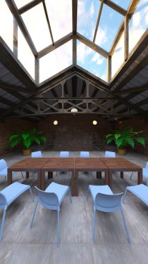 Tuğla duvarlı toplantı odasının 3 boyutlu görüntüsü