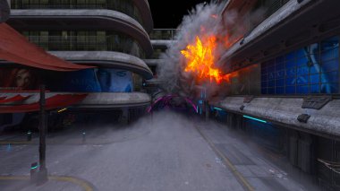 Gelecekteki şehir manzarasının 3D görüntüsü saldırı altında