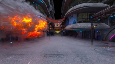 Gelecekteki şehir manzarasının 3D görüntüsü saldırı altında