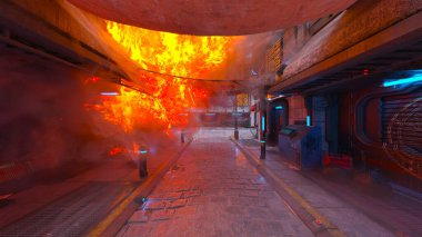 Gelecekteki şehir manzarasının 3D görüntüsü saldırı altında