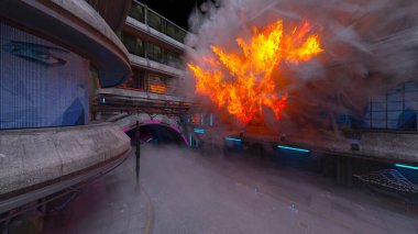 Gelecekteki şehir manzarasının 3D görüntüsü saldırı altında