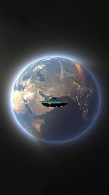 Dünya ve UFO 'nun 3D canlandırması.