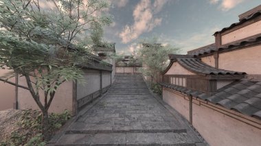 Çin tarzı binaların 3D görüntüsü